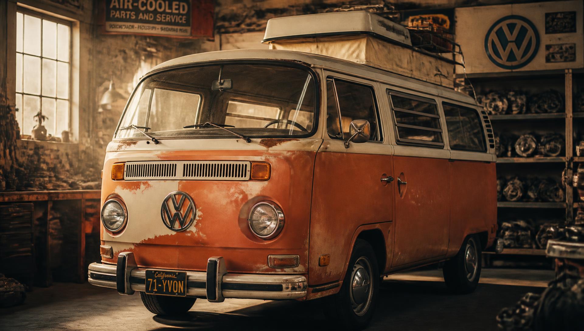 A 1970s Volkswagen Bay Window camper parked in a sunlit air-cooled workshop